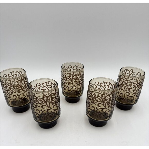 Vintage 1970's Libbey Brown Scroll Pedistal Tumblers Glasses in a Set of 5 Retro - Picture 1 of 5